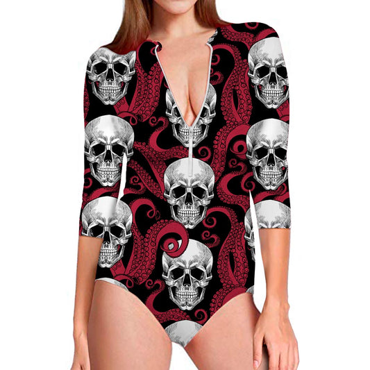 Red Octopus Skull Pattern Print Long Sleeve Swimsuit