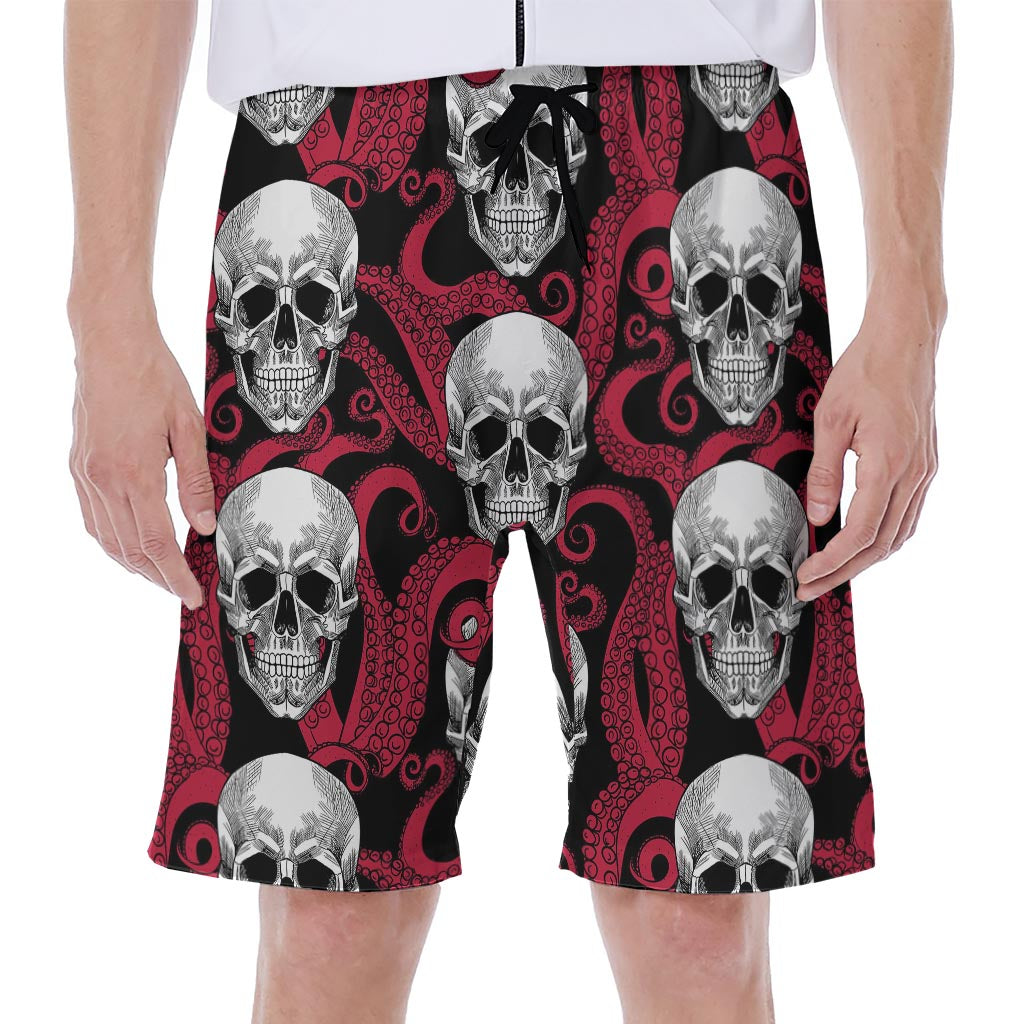 Red Octopus Skull Pattern Print Men's Beach Shorts