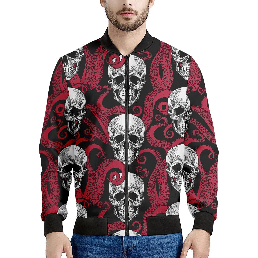 Red Octopus Skull Pattern Print Men's Bomber Jacket