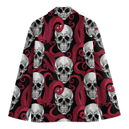 Red Octopus Skull Pattern Print Men's Cotton Blazer