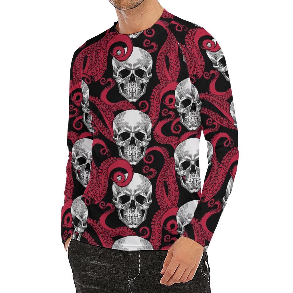Red Octopus Skull Pattern Print Men's Long Sleeve Rash Guard