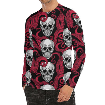 Red Octopus Skull Pattern Print Men's Long Sleeve Rash Guard