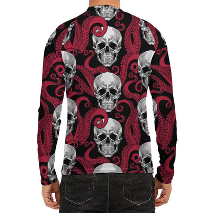 Red Octopus Skull Pattern Print Men's Long Sleeve Rash Guard
