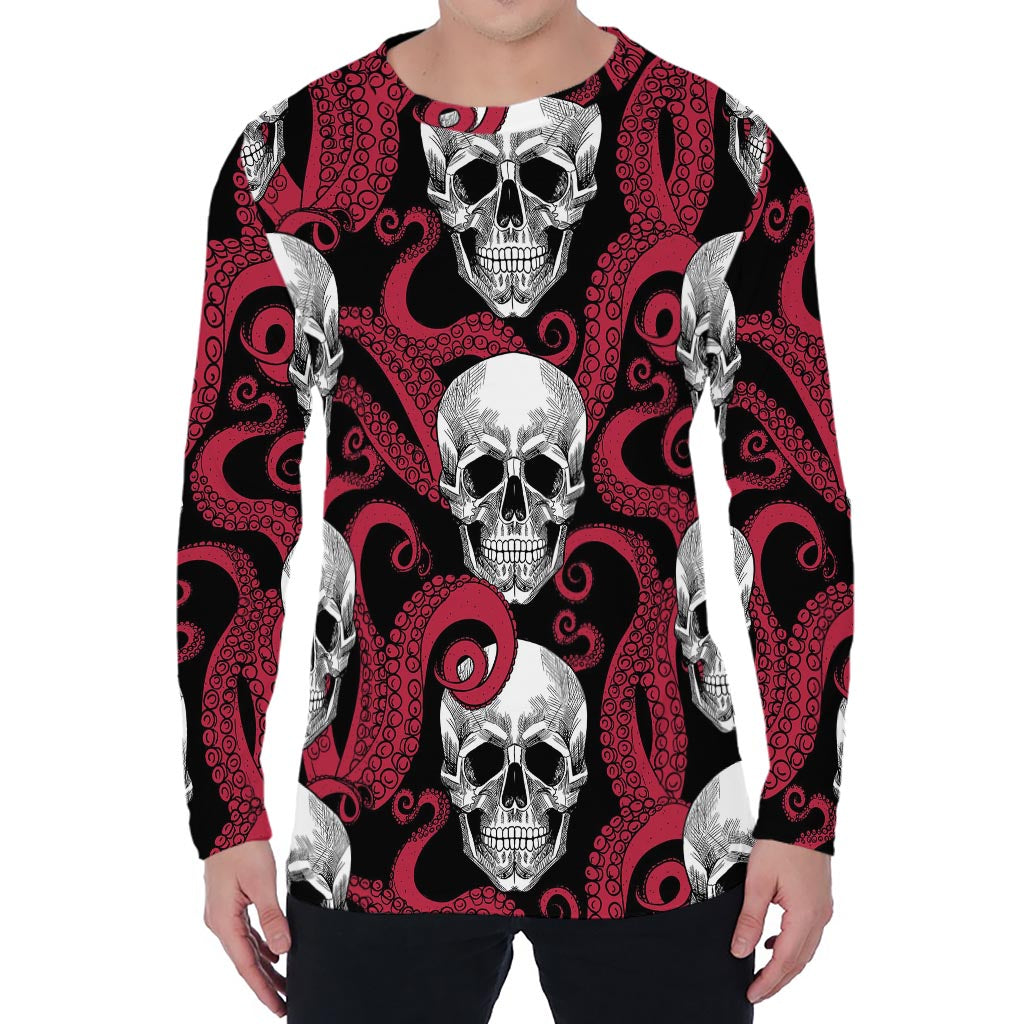 Red Octopus Skull Pattern Print Men's Long Sleeve T-Shirt