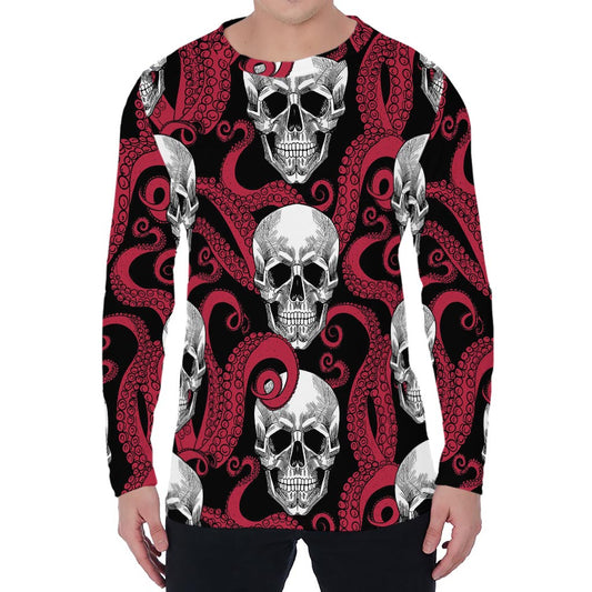 Red Octopus Skull Pattern Print Men's Long Sleeve T-Shirt