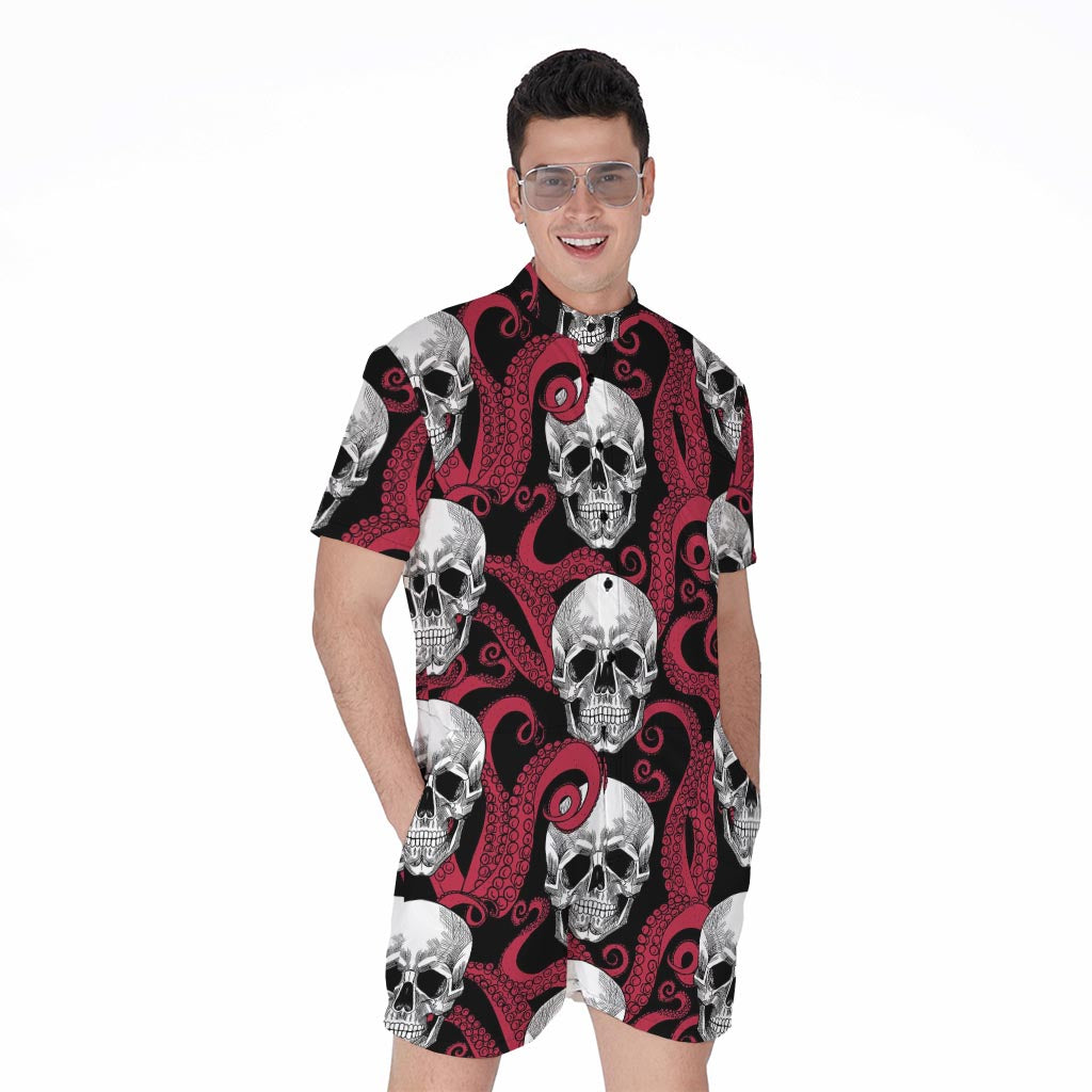 Red Octopus Skull Pattern Print Men's Rompers