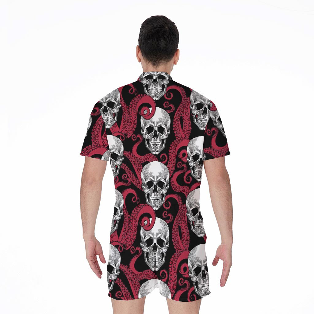 Red Octopus Skull Pattern Print Men's Rompers