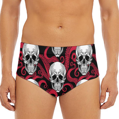 Red Octopus Skull Pattern Print Men's Triangle Swim Briefs