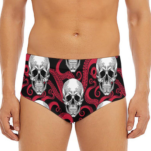 Red Octopus Skull Pattern Print Men's Triangle Swim Briefs