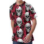 Red Octopus Skull Pattern Print Men's Velvet T-Shirt