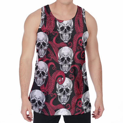 Red Octopus Skull Pattern Print Men's Velvet Tank Top
