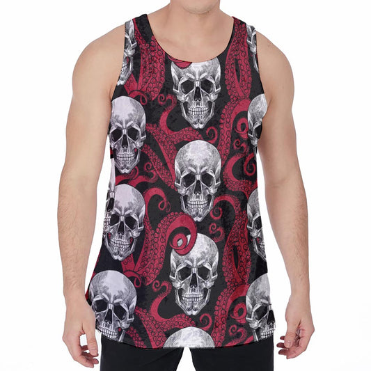 Red Octopus Skull Pattern Print Men's Velvet Tank Top