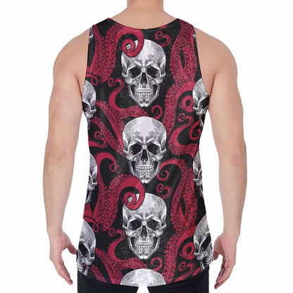 Red Octopus Skull Pattern Print Men's Velvet Tank Top