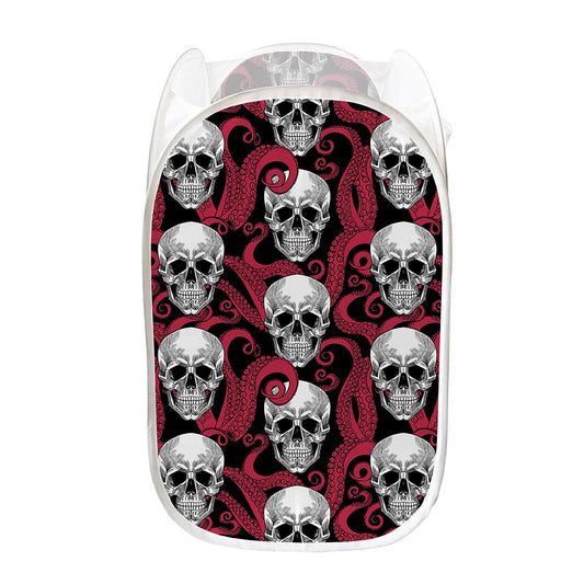 Red Octopus Skull Pattern Print Mesh Laundry Hamper