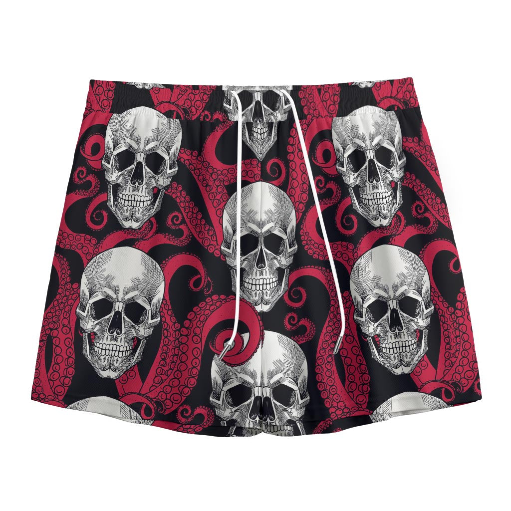 Red Octopus Skull Pattern Print Mesh Shorts