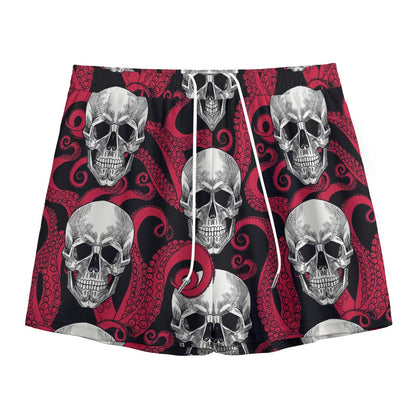 Red Octopus Skull Pattern Print Mesh Shorts