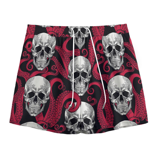 Red Octopus Skull Pattern Print Mesh Shorts