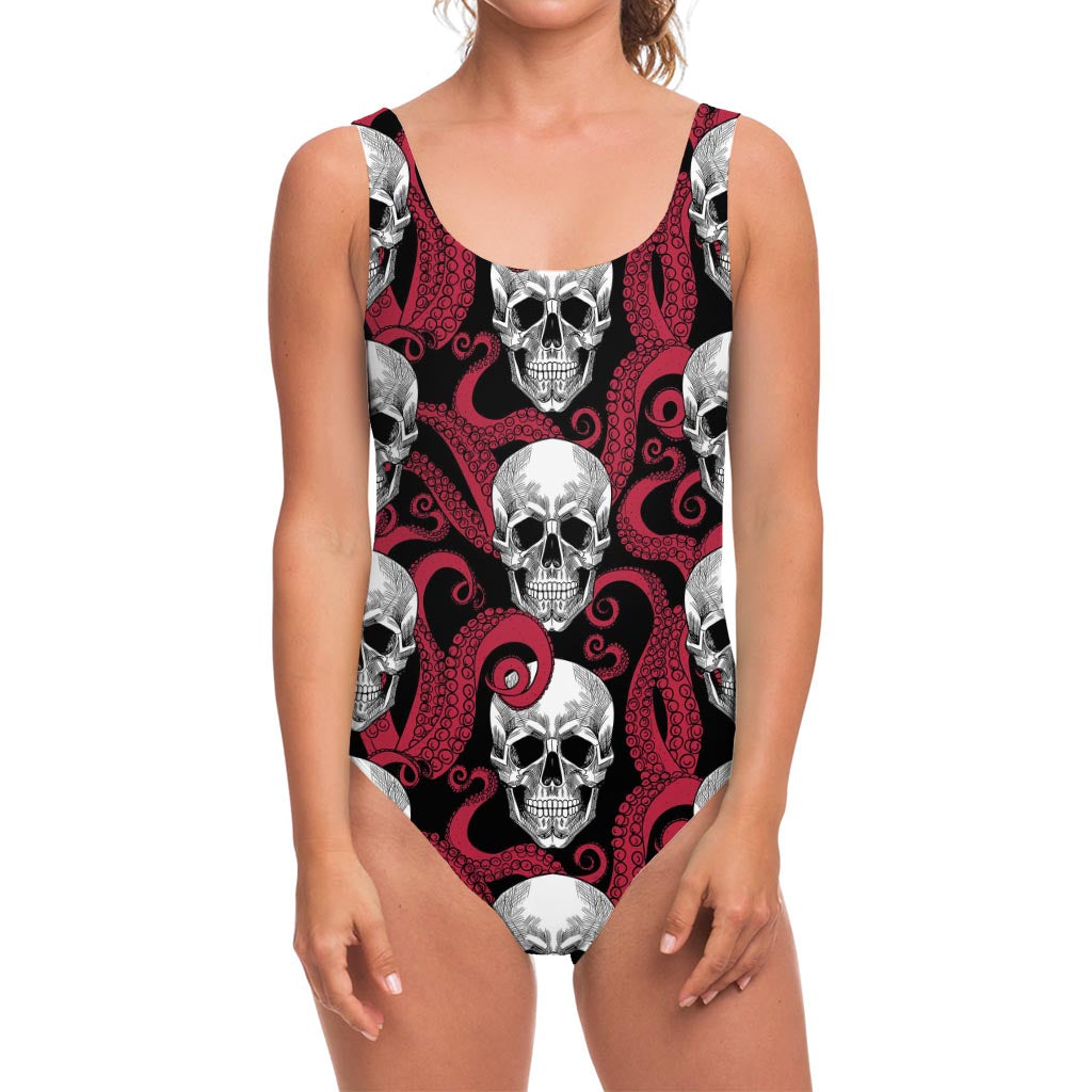 Red Octopus Skull Pattern Print One Piece Swimsuit