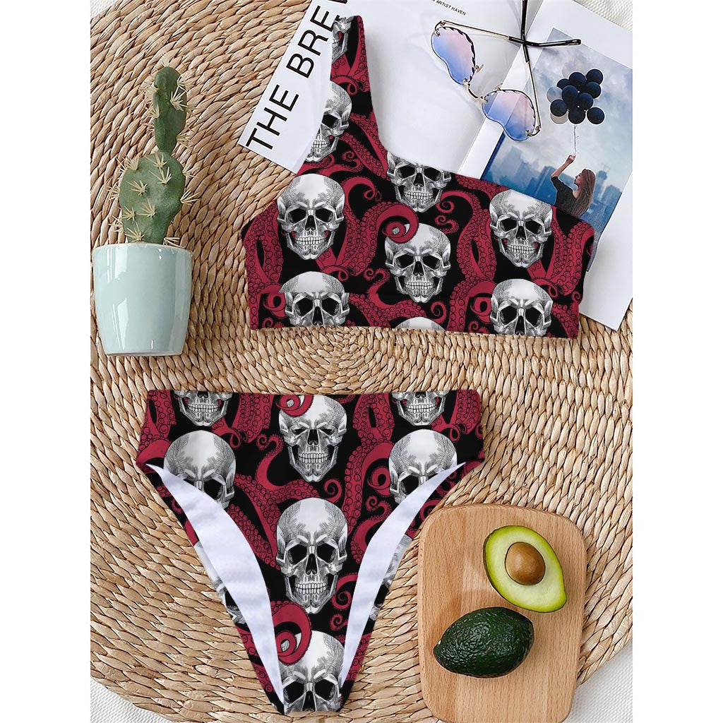 Red Octopus Skull Pattern Print One Shoulder Bikini Top
