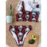 Red Octopus Skull Pattern Print One Shoulder Bikini Top