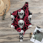 Red Octopus Skull Pattern Print One Shoulder Bodysuit