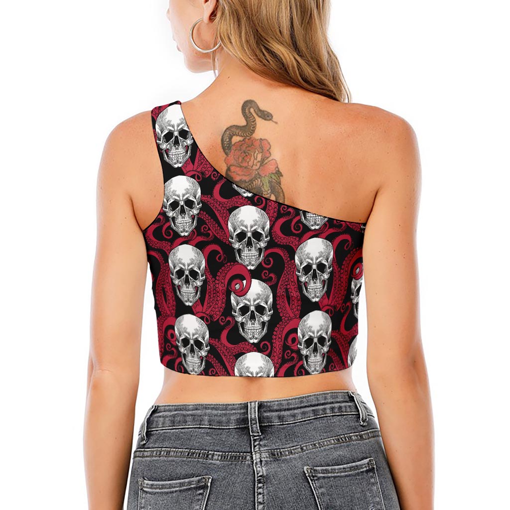 Red Octopus Skull Pattern Print One Shoulder Crop Top