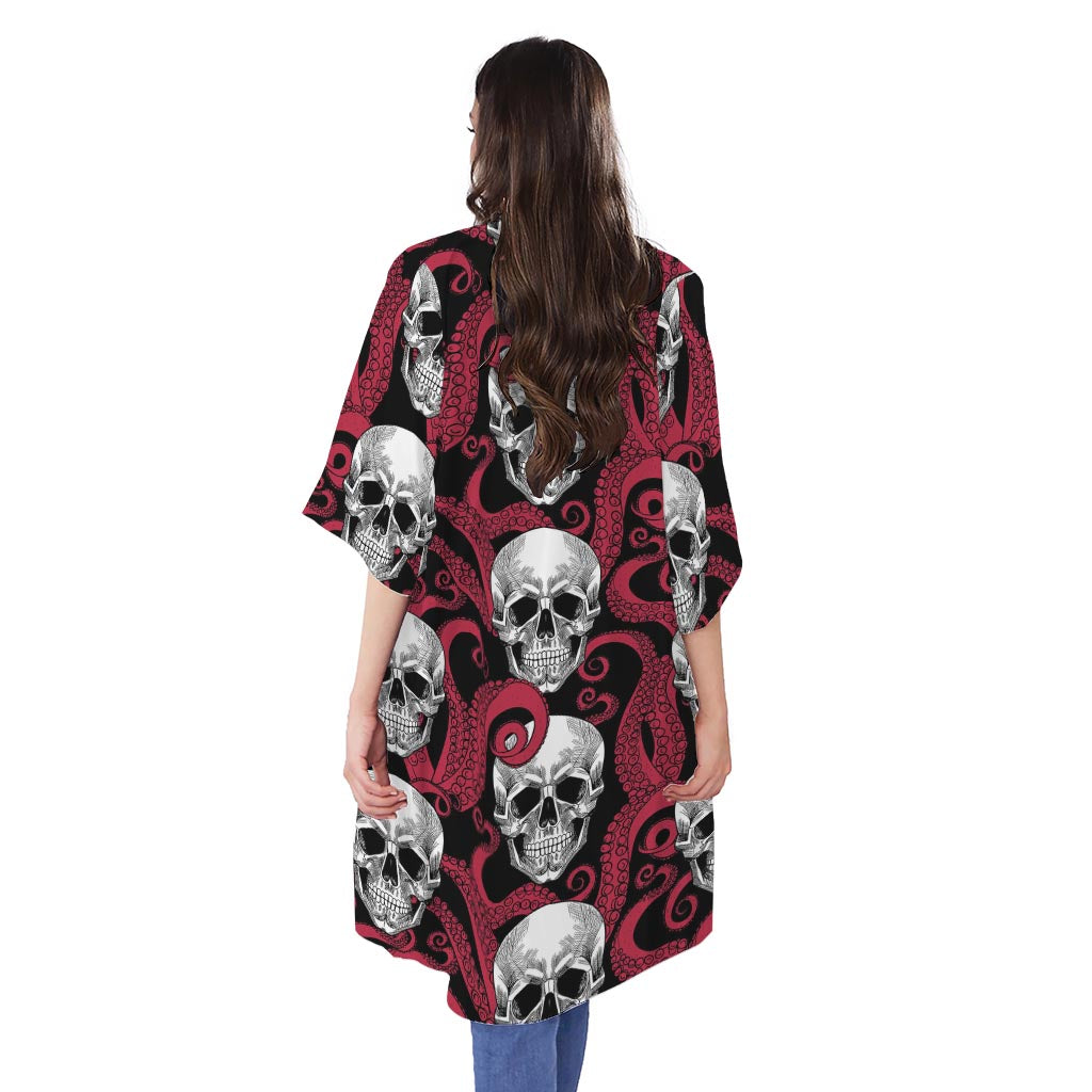 Red Octopus Skull Pattern Print Open Front Beach Cover Up