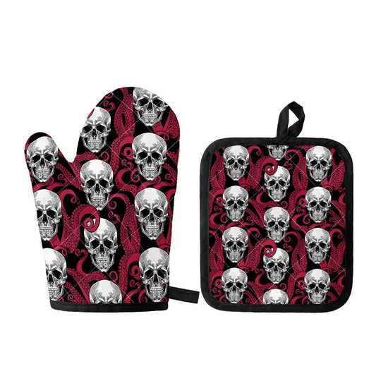 Red Octopus Skull Pattern Print Oven Mitt And Pot Holder Set
