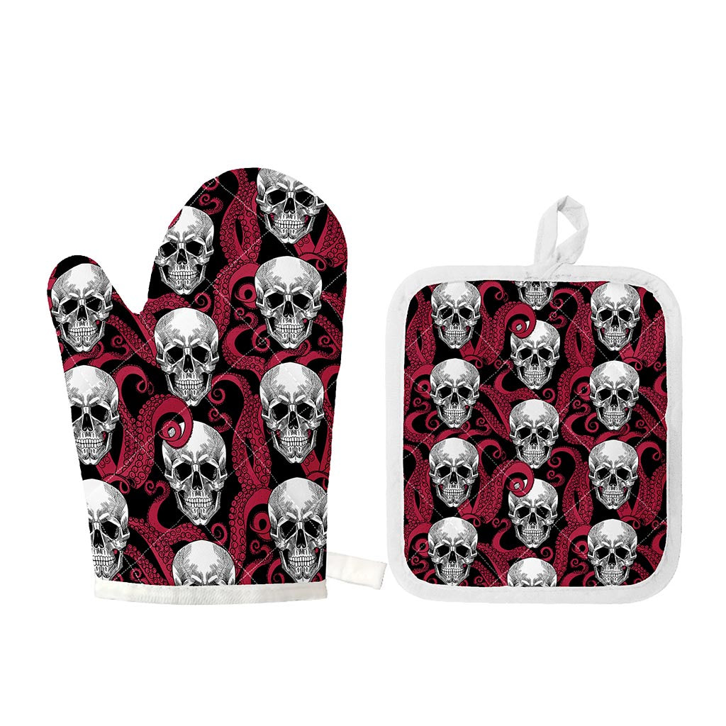 Red Octopus Skull Pattern Print Oven Mitt And Pot Holder Set