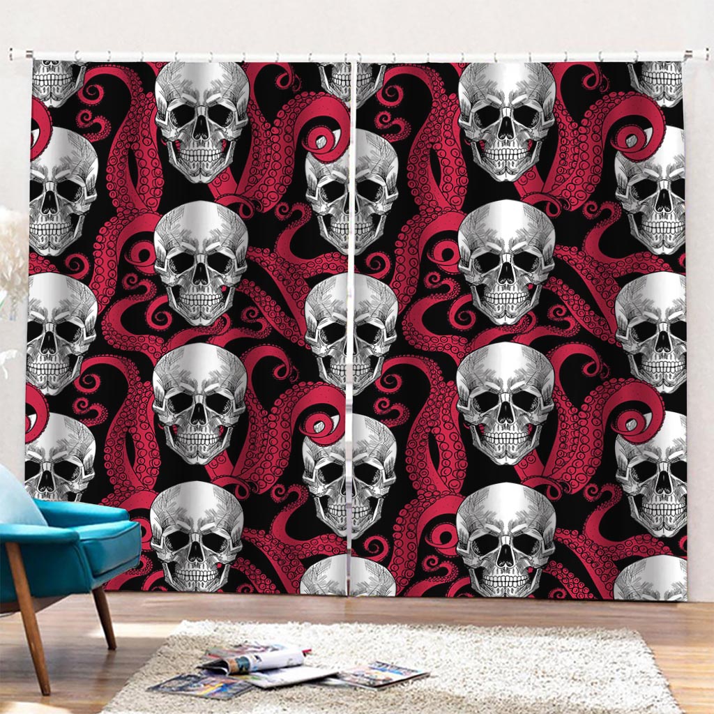 Red Octopus Skull Pattern Print Pencil Pleat Curtains