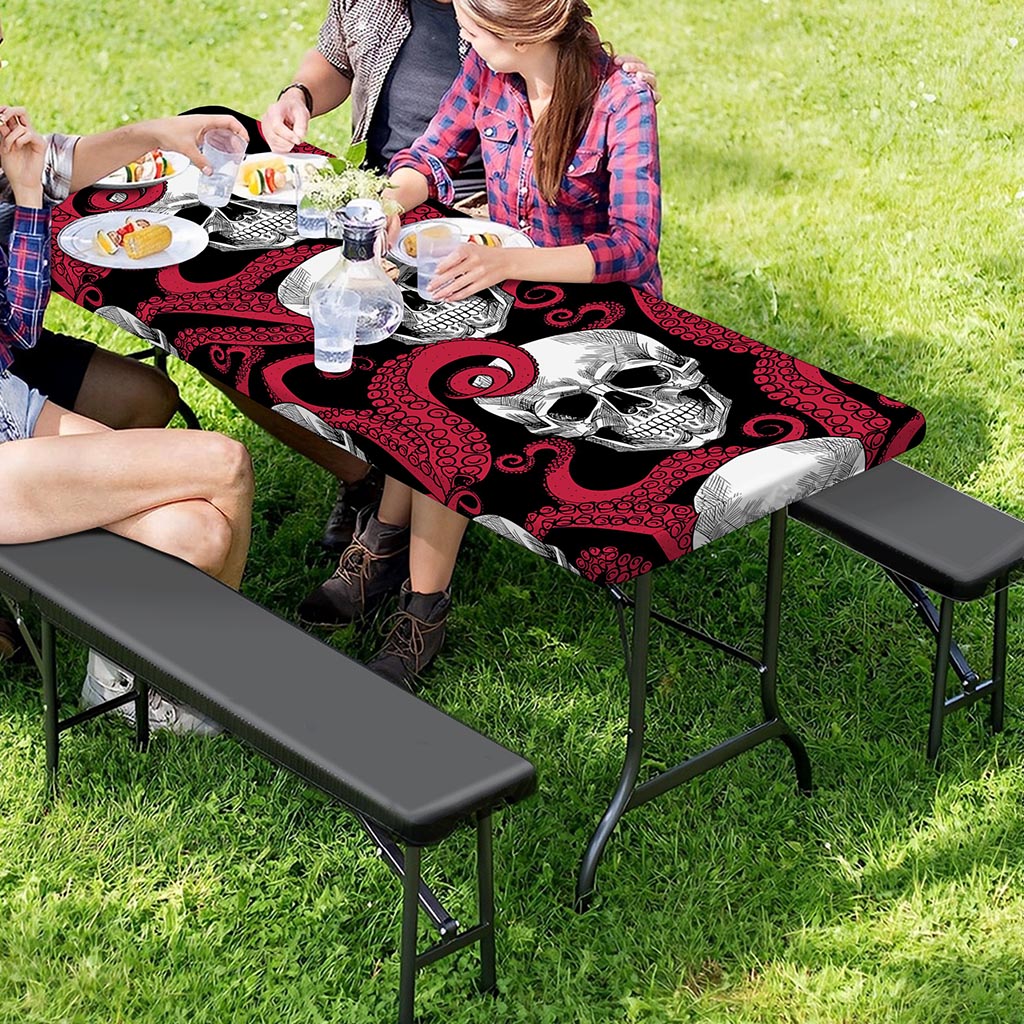Red Octopus Skull Pattern Print Picnic Table Cover