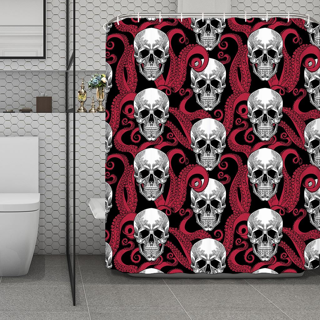 Red Octopus Skull Pattern Print Polyester Shower Curtain