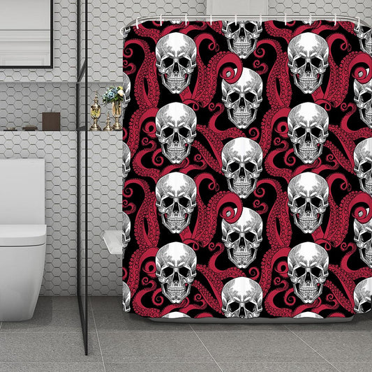 Red Octopus Skull Pattern Print Polyester Shower Curtain