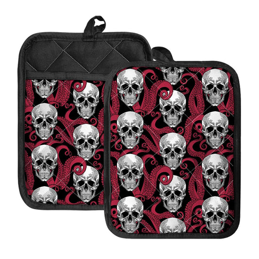 Red Octopus Skull Pattern Print Pot Holders With Pocket