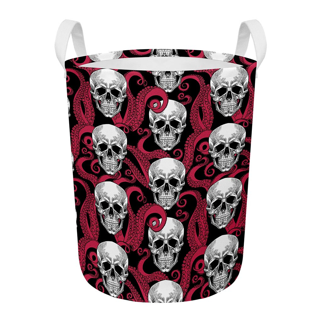 Red Octopus Skull Pattern Print Round Laundry Basket