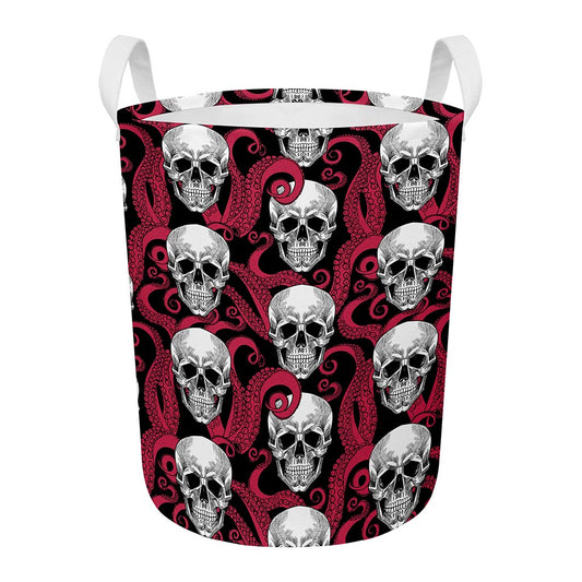 Red Octopus Skull Pattern Print Round Laundry Basket