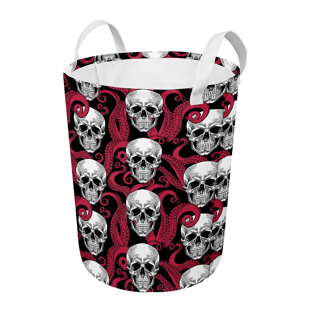 Red Octopus Skull Pattern Print Round Laundry Basket