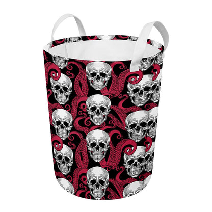 Red Octopus Skull Pattern Print Round Laundry Basket