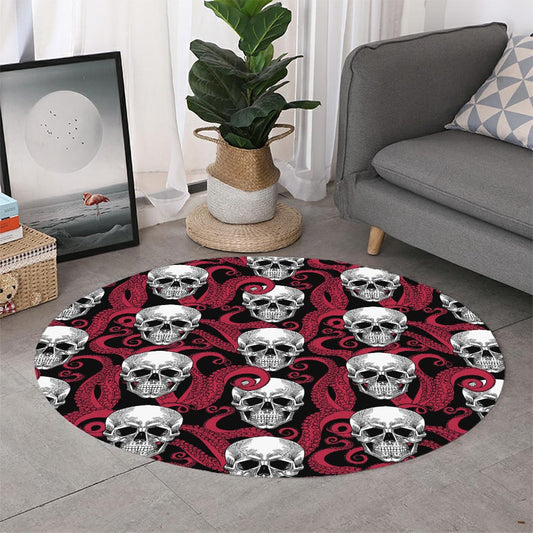 Red Octopus Skull Pattern Print Round Rug