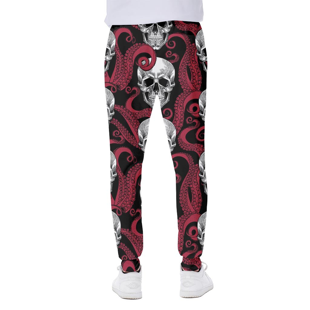 Red Octopus Skull Pattern Print Scuba Joggers