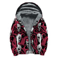 Red Octopus Skull Pattern Print Sherpa Lined Zip Up Hoodie
