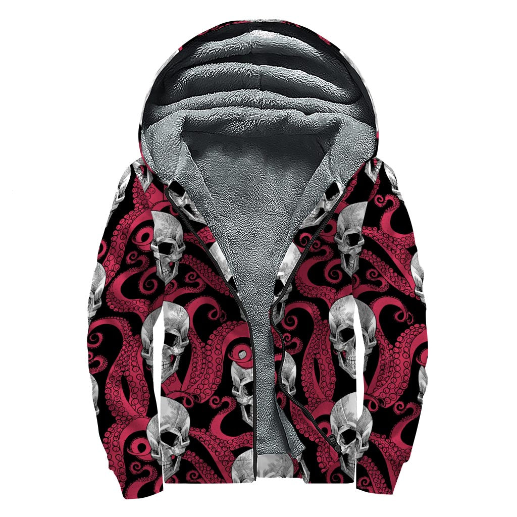 Red Octopus Skull Pattern Print Sherpa Lined Zip Up Hoodie