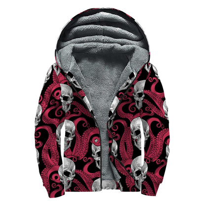 Red Octopus Skull Pattern Print Sherpa Lined Zip Up Hoodie