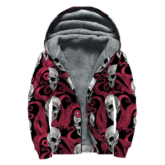 Red Octopus Skull Pattern Print Sherpa Lined Zip Up Hoodie