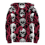 Red Octopus Skull Pattern Print Sherpa Lined Zip Up Hoodie