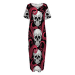 Red Octopus Skull Pattern Print Short Sleeve Long Nightdress