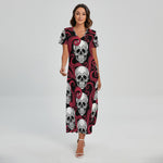 Red Octopus Skull Pattern Print Short Sleeve Maxi Dress