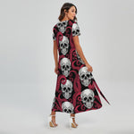 Red Octopus Skull Pattern Print Short Sleeve Maxi Dress