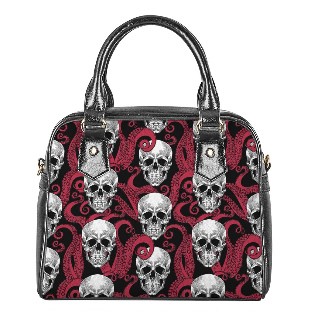 Red Octopus Skull Pattern Print Shoulder Handbag