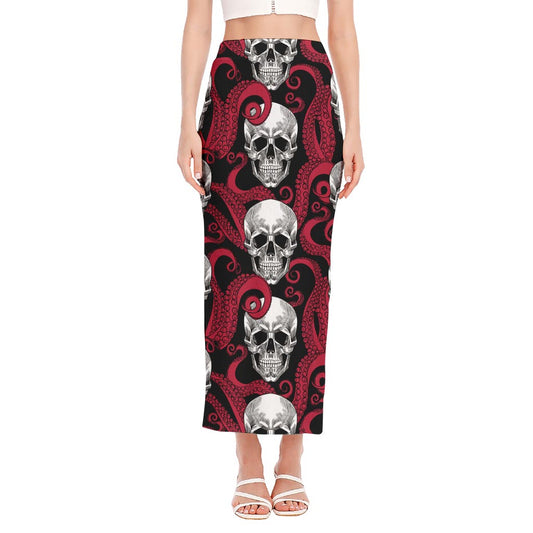 Red Octopus Skull Pattern Print Side Slit Maxi Skirt